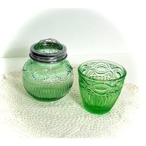 VTG Green Depression Style Glass Pair - Flower Frog Jar & Tea Light Votive